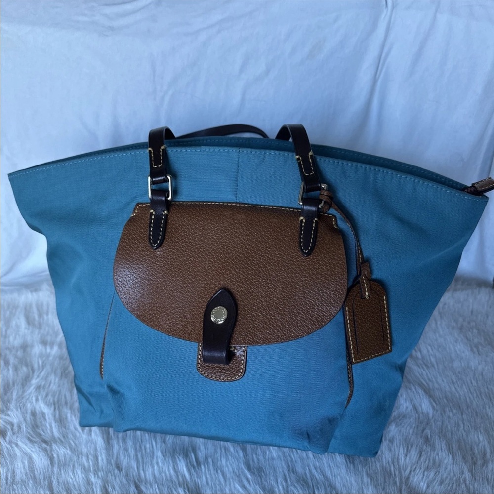 Dooney and Bourke Elegant Blue and Brown Tote Bag - Picture 7 of 16